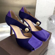 Bottega Veneta Calfskin Fur Square Toe Pumps with Button Buckle Violet Purple 2019