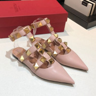 Valentino Roman Stud Lambskin Strap Flat Mules Nude Pink 2021