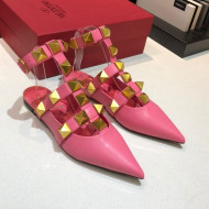 Valentino Roman Stud Lambskin Strap Flat Mules Hot Pink 2021