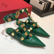 Valentino Roman Stud Lambskin Strap Flat Mules Green 2021