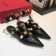 Valentino Roman Stud Lambskin Strap Flat Mules Black Leather 2021