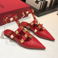 Valentino Roman Stud Lambskin Strap Flat Mules Red 2021