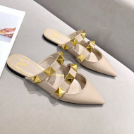 Valentino Roman Stud Calfskin Flat Mules Nude 2021