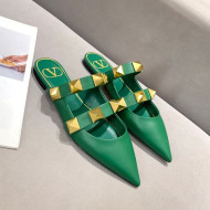 Valentino Roman Stud Calfskin Flat Mules Green 2021