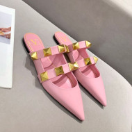 Valentino Roman Stud Calfskin Flat Mules Pink 2021