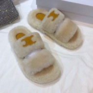 Celine Logo Wool Slide Sandals White 2021  