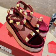 Valentino Roman Stud Velvet Wedge Sandals Burgundy 2021