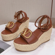 Valentino VLogo Calfskin Wedge Sandals Brown 2021