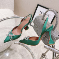 Amina Muaddi Silk Slingback Pumps with Crystal Bow Green 2021