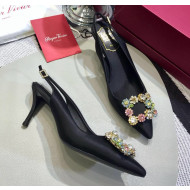 Roger Vivier Silk Flower Strass Buckle Sling Back Pump With 7cm Heel Black/Multicolor Cystal 2020