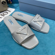 Prada Shiny Leather Triangle Logo Flat Slide Sandals Grey 2021