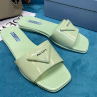 Prada Shiny Leather Triangle Logo Flat Slide Sandals Green 2021