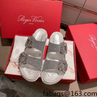 Roger Vivier Double Buckle Glitter Flat Slide Sandals Silver 2021