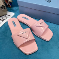 Prada Shiny Leather Triangle Logo Flat Slide Sandals Pink 2021