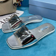 Prada Shiny Leather Triangle Logo Flat Slide Sandals Silver 2021