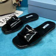 Prada Shiny Leather Triangle Logo Flat Slide Sandals Black 2021