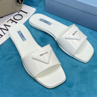 Prada Shiny Leather Triangle Logo Flat Slide Sandals White 2021