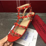 Valentino Calfskin Rockstud Flat Sandal Red 2017