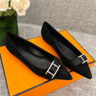 Hermes Suede H Buckle Flat Ballet Black 2022 032894