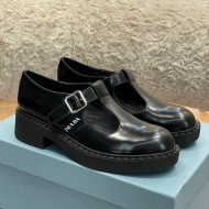 Prada Brushed-Leather Mary Jane T-strap Shoes/Loafers Black 2022