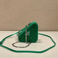  Prada Triangle Crystal Embellished Satin and Leather Mini Pouch 1NR015 Emerald Green 2023