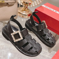 Roger Vivier Rangers Calf Leather and Fabric Strap Sandals Black/Crystal 2022