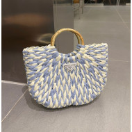 Prada Straw Bag with Bamboo Top Handle White/Blue 2023 