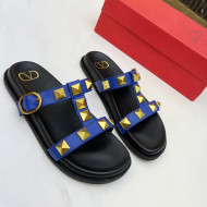 Valentino Roman Stud Calf Leather Flat Slide Sandals Blue 2022 0323143