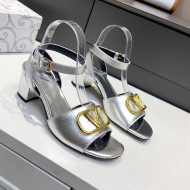 Valentino VLogo Grained Calfskin Heel Sandals 5cm Silver 2022 032661