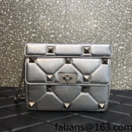 Valentino Medium Roman Stud The Shoulder Bag in Metallic Grainy Leather 1129S Silver 2022