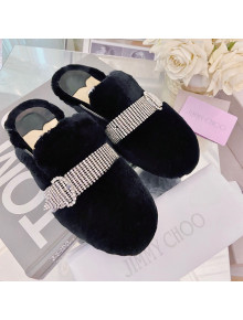 Jimmy Choo Crystal Buckle Shearling Flat Mules Black 2021 111699