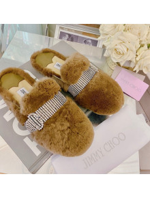 Jimmy Choo Crystal Buckle Shearling Flat Mules Brown 2021 1116101