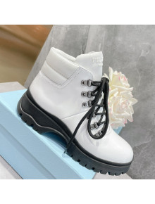 Prada Brushed Leather Lace-up Ankle Boots White/Black 2021 111847