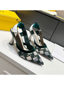 Fendi Colibri Karligraphy Slingback Pumps 8cm in Mesh and Embroidery Green 2021 