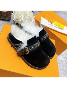 Louis Vuitton Winterbreak Flat Suede Wool Mules Black 2021 