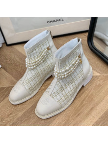 Chanel Tweed Ankle Boots with Pearl Tassel White 2021 64