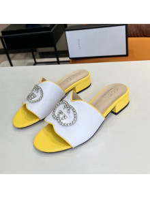 Gucci Leather Slide Sandal with Crystal Double G White/Yellow 2022 59