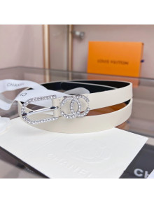 Chanel Smooth Calf Leather Belt 2cm with Crystal Buckle White 2022 033144