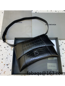 Balenciaga Hourglass Sling Back Maxi Bag in Crocodile Embossed Leather All Black 2021  