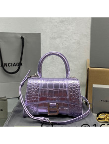 Balenciaga Hourglass Mini Top Handle Bag in Shiny Crocodile Leather Glazed Purple 2021