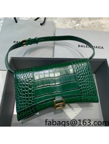 Balenciaga Hourglass Sling Shoulder Bag in Shiny Crocodile Embossed Calfskin Dark Green 2021