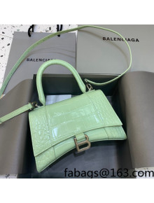 Balenciaga Hourglass Small Top Handle Bag in Shiny Crocodile Leather Mint Green/Silver 2021