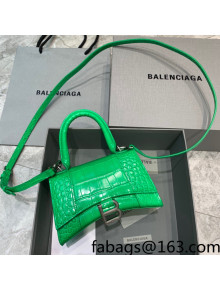 Balenciaga Hourglass Mini Top Handle Bag  in Shiny Crocodile Leather Bright Green/Silver 2022