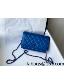 Chanel Lambskin & Rainbow Metal Wallet on Chain WOC AP0250 Blue 2021