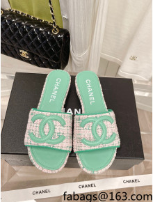 Chanel Tweed Flat Slide Sandals Green/Pink 2022 030519