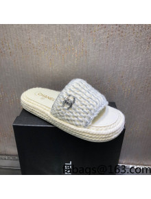 Chanel Braided Knit Flat Slide Sandals G38189 White/Silver 2022