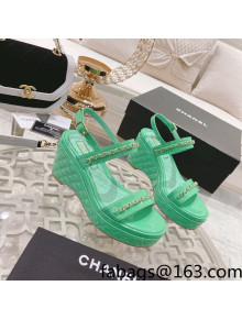 Chanel Patent Leather Wedge Sandals with Chain Green 2022