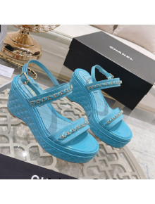 Chanel Patent Leather Wedge Sandals with Chain Blue 2022