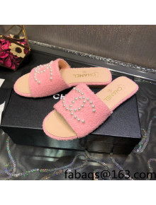 Chanel Tweed Pearl CC Flat Slide Sandals Pink 2022 032209