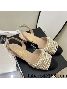 Chanel Lambskin Pearl Bead Charm Medium Heel Sandals 5cm Beige 2022